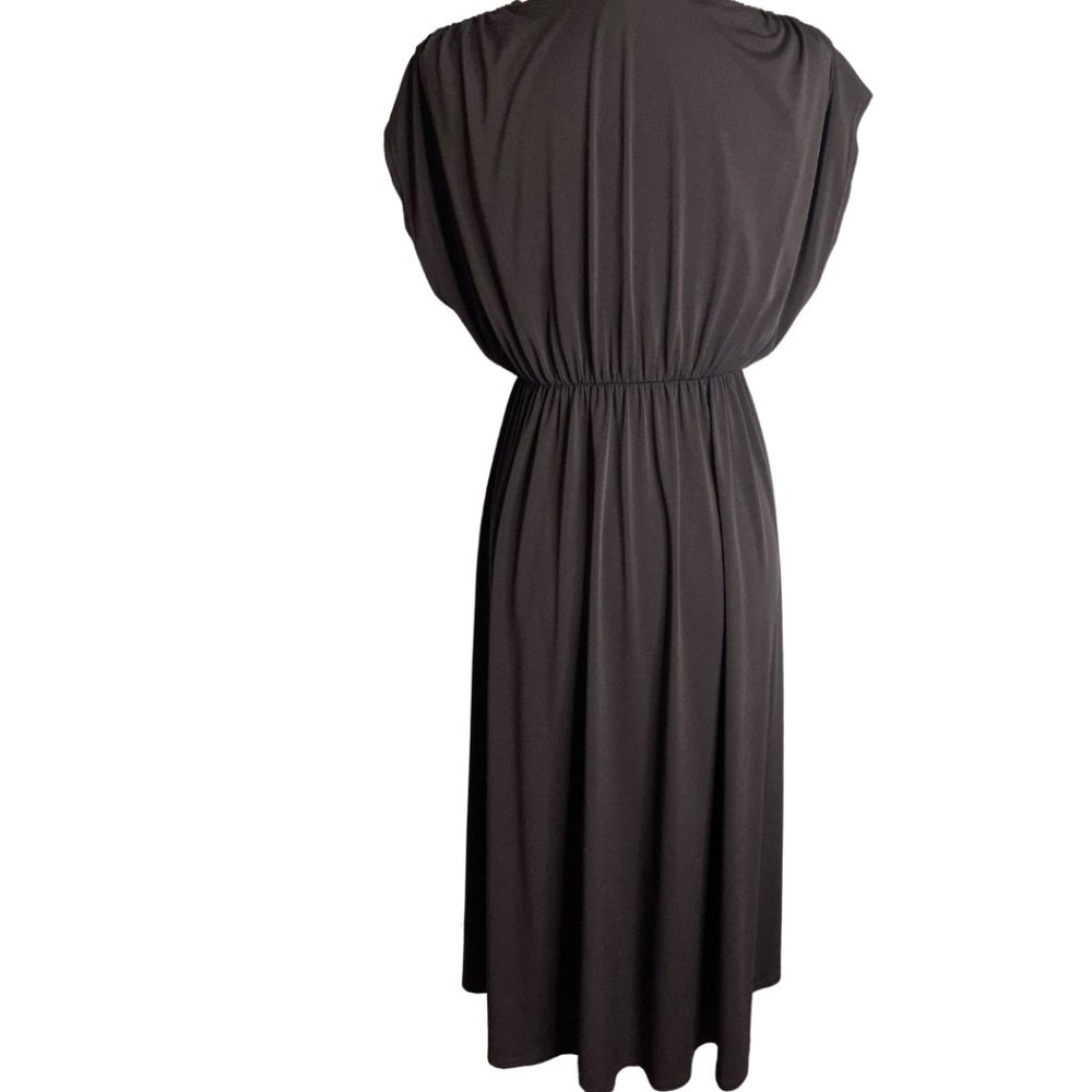 ASOS Deep V-Neck Black Midi Dress Elastic Waist Short Dolman Sleeves Versatile L - Picture 6 of 8